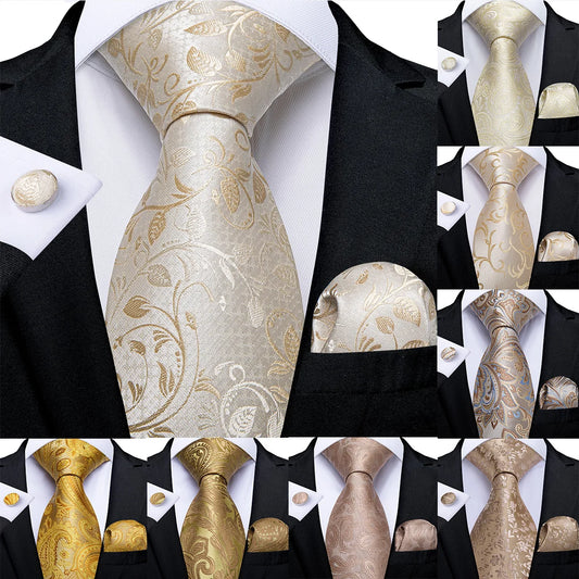 DiBanGu New Design Light Champagne Silk Tie - Hanky - Cufflink  8Set