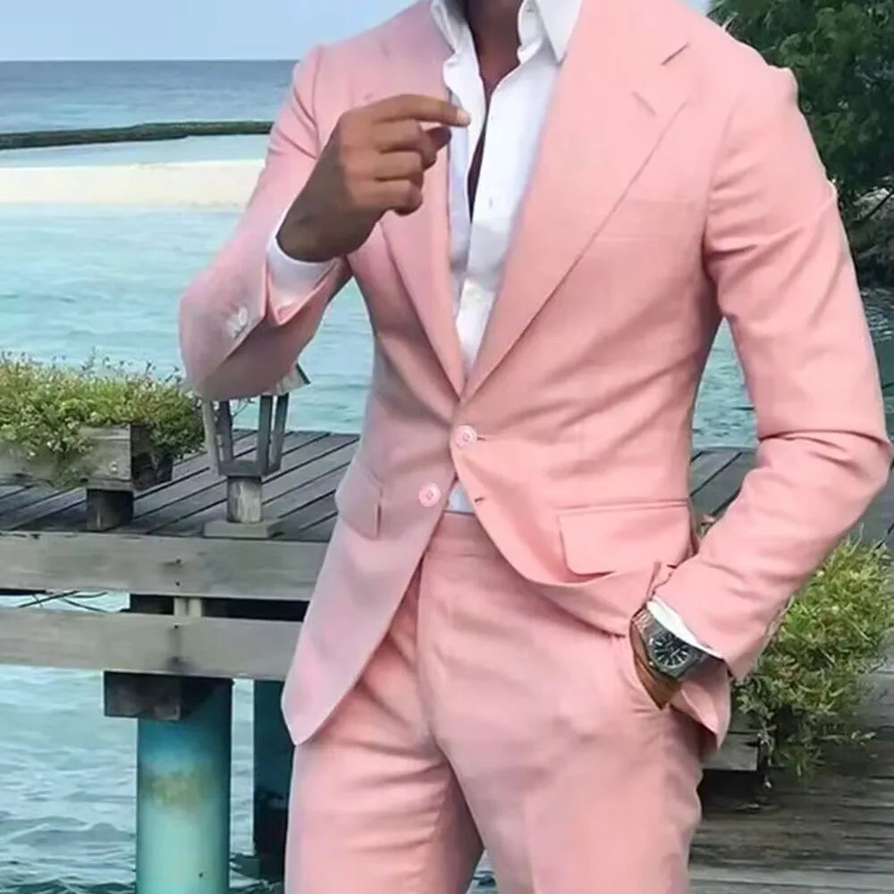 Solid Pink Business Casual Two Piece Fashion Notch Lapel Single Breasted Suits