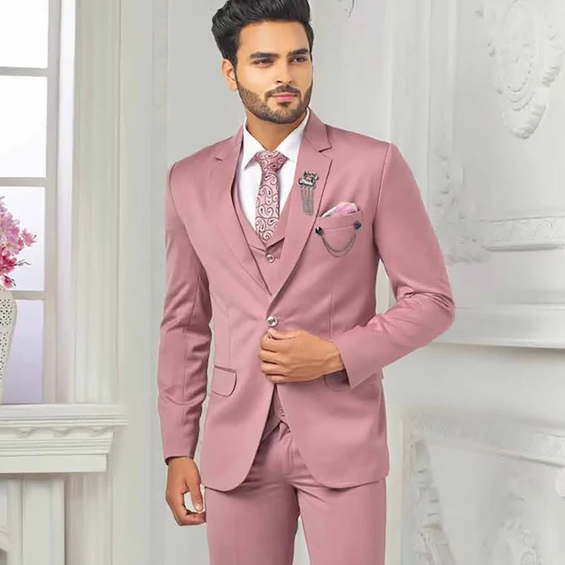 Dusty Pink Regular Length Single Breasted Notched Lapel Elegant 3 Pcs Suit