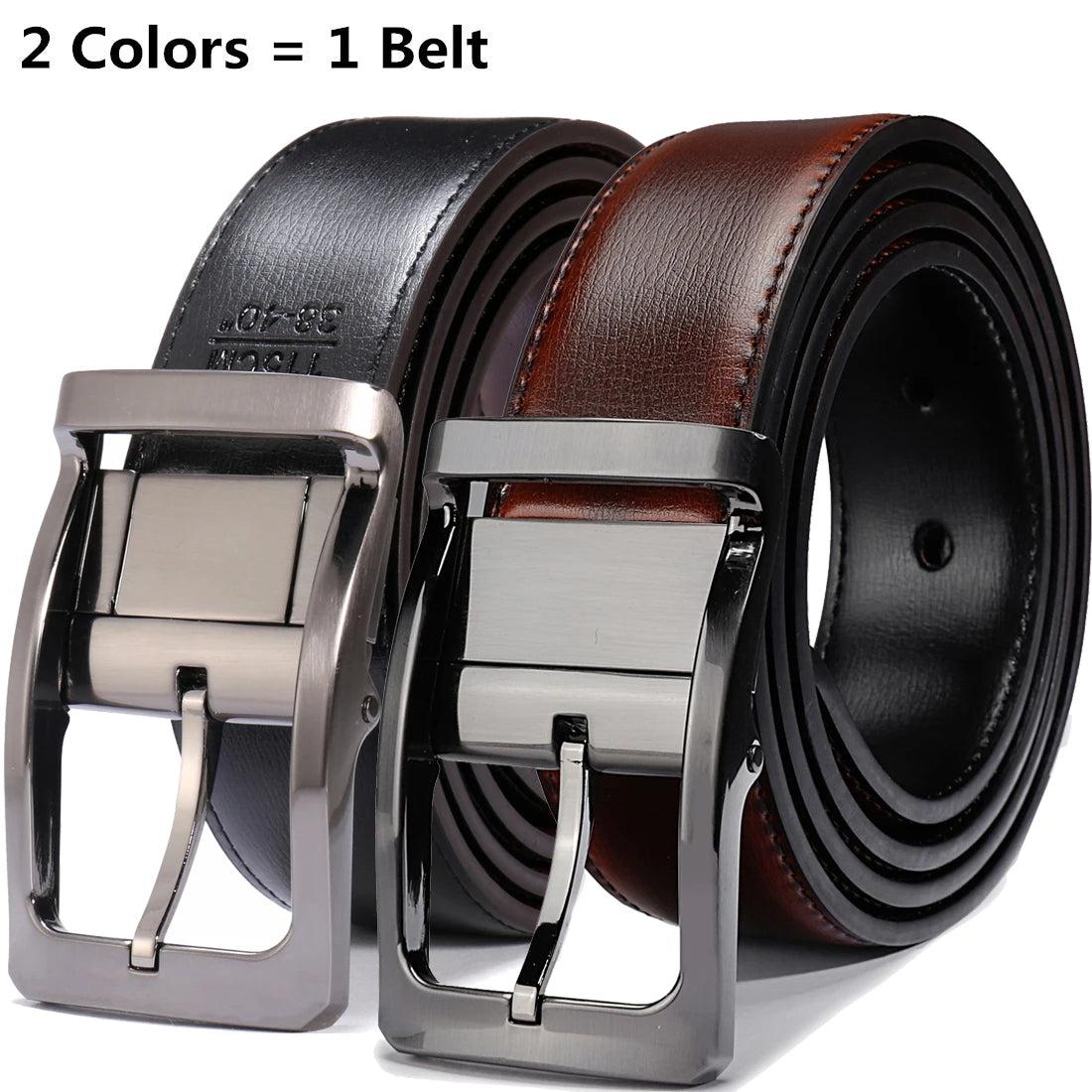 Genuine Leather Reversible Belt Rotated Buckle Two In One Big And Tall