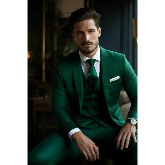 Green Notch Lapel Single Breasted 3 Pcs Business Casual Tuxedo