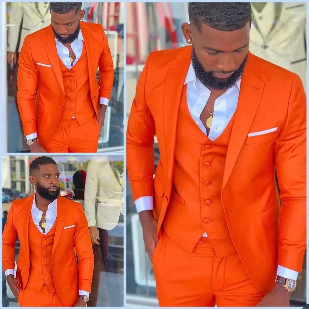 Bright Orange Peak Lapel  Business Casual 3 Pcs Suit