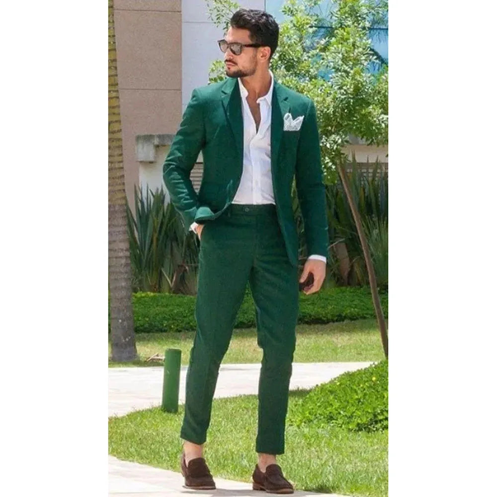 Green Single Breasted Notch Lapel Slim Fit Business Suit