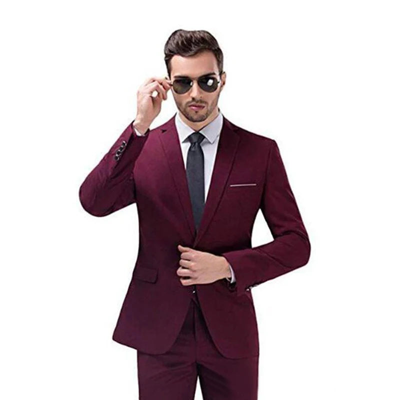 Burgundy Men's Two-pieces Business Formal Notch Lapel Single Breasted Slim Suit