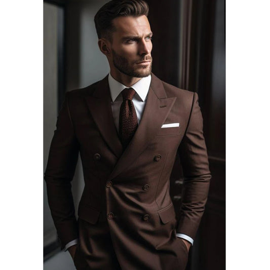 Smart Causal Brown Double Breasted Peak Lapel Daily Business Slim Fit Suit