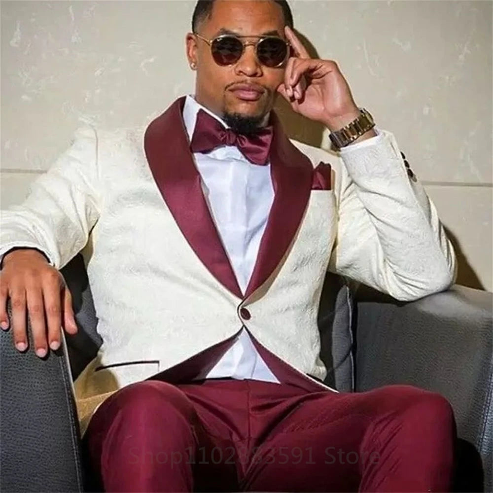 Men's Formal Suit Ivory with Black or Ivory with Burgundy 2 Pcs Suit