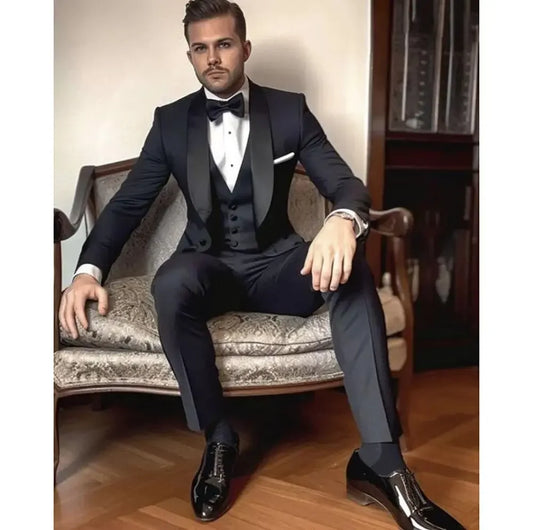 3 Pieces High Quality Black Slim Single Breasted Men Suit