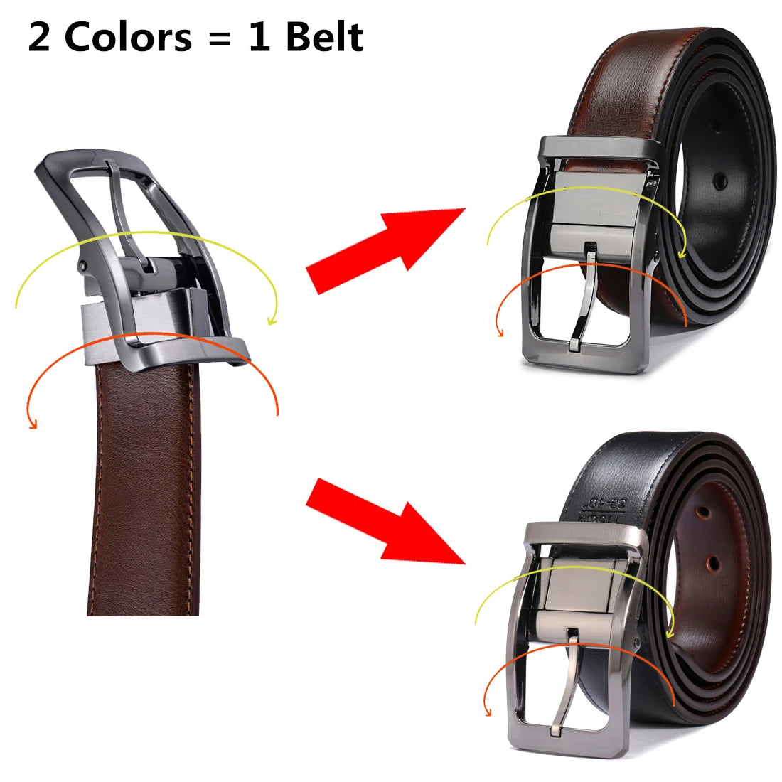 Genuine Leather Reversible Belt Rotated Buckle Two In One Big And Tall