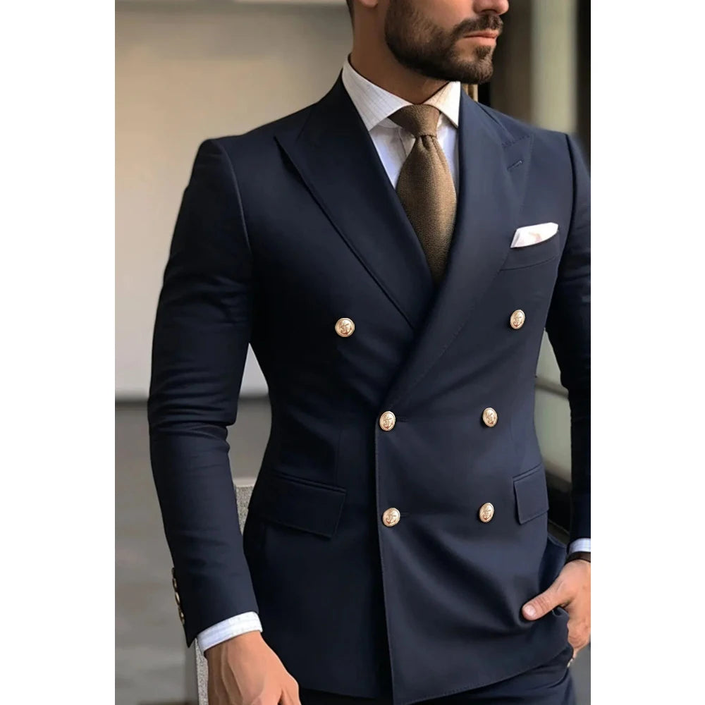 Navy Blue Solid Men Suits Elegant Peak Lapel Double Breasted Two Piece Business Suit