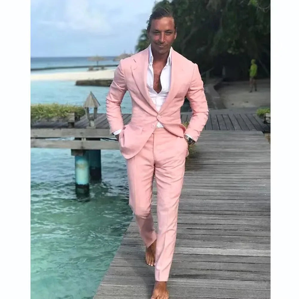 Solid Pink Business Casual Two Piece Fashion Notch Lapel Single Breasted Suits