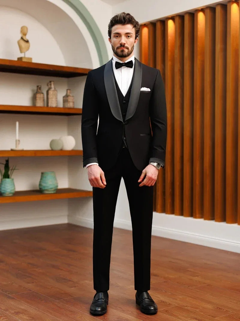 Handsome Black Slim-Fitting 3Pcs Tuxedo Suit