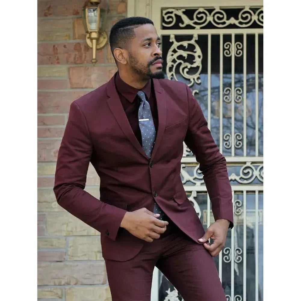 Burgundy Formal Notch Lapel Office Casual Slim Two Piece Suit